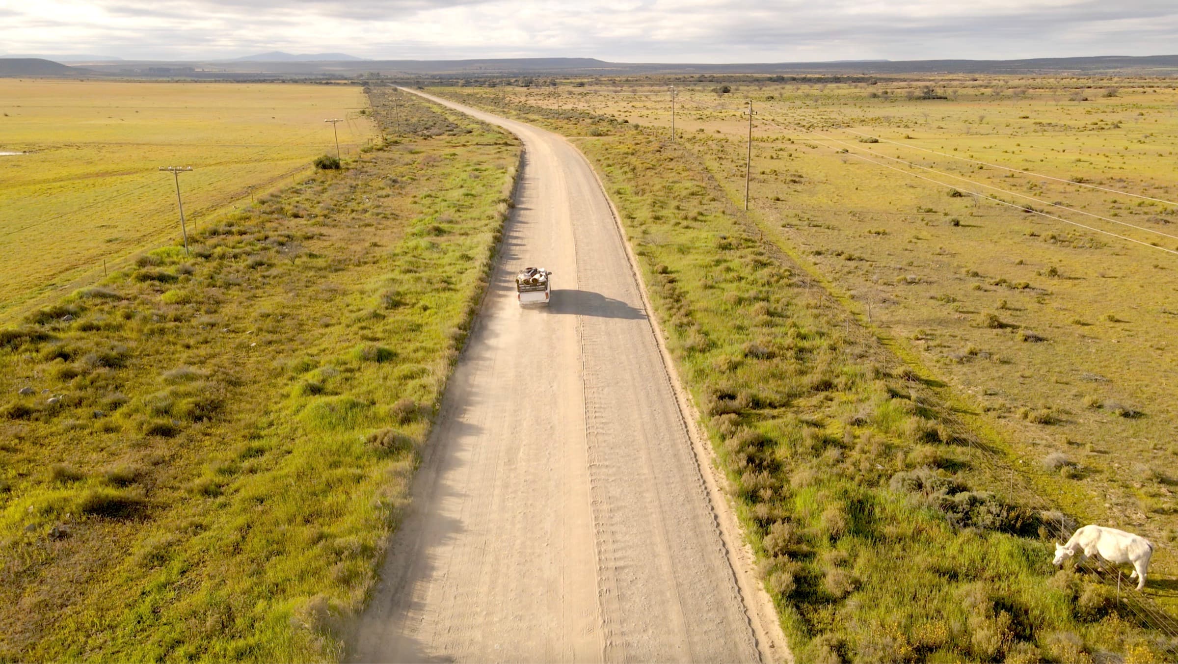 Aerial drone view of a bakkie on a dirt road through Namakwaland farmland