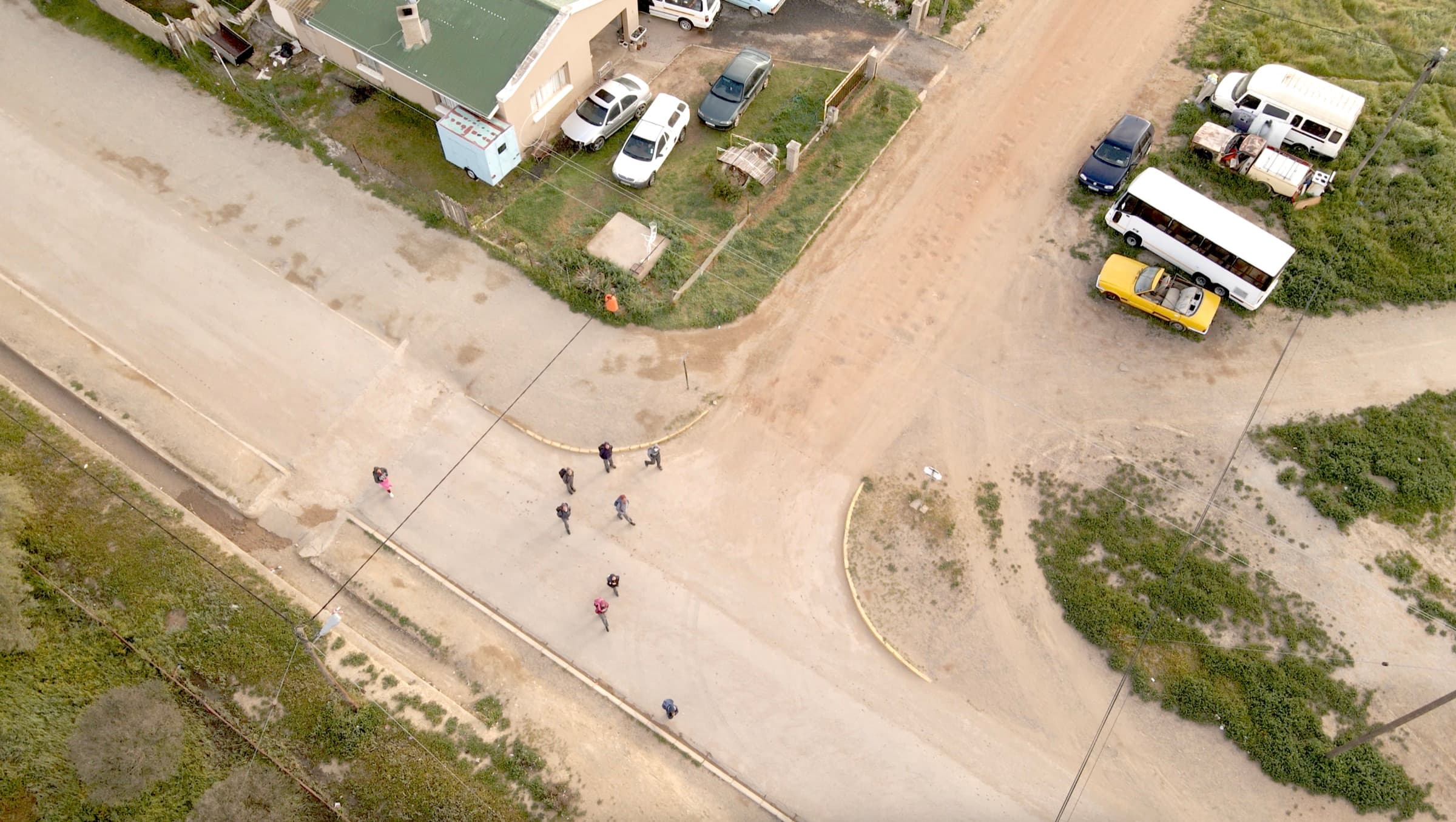 Top-down aerial drone photograph of a rural village crossroads, South Africa