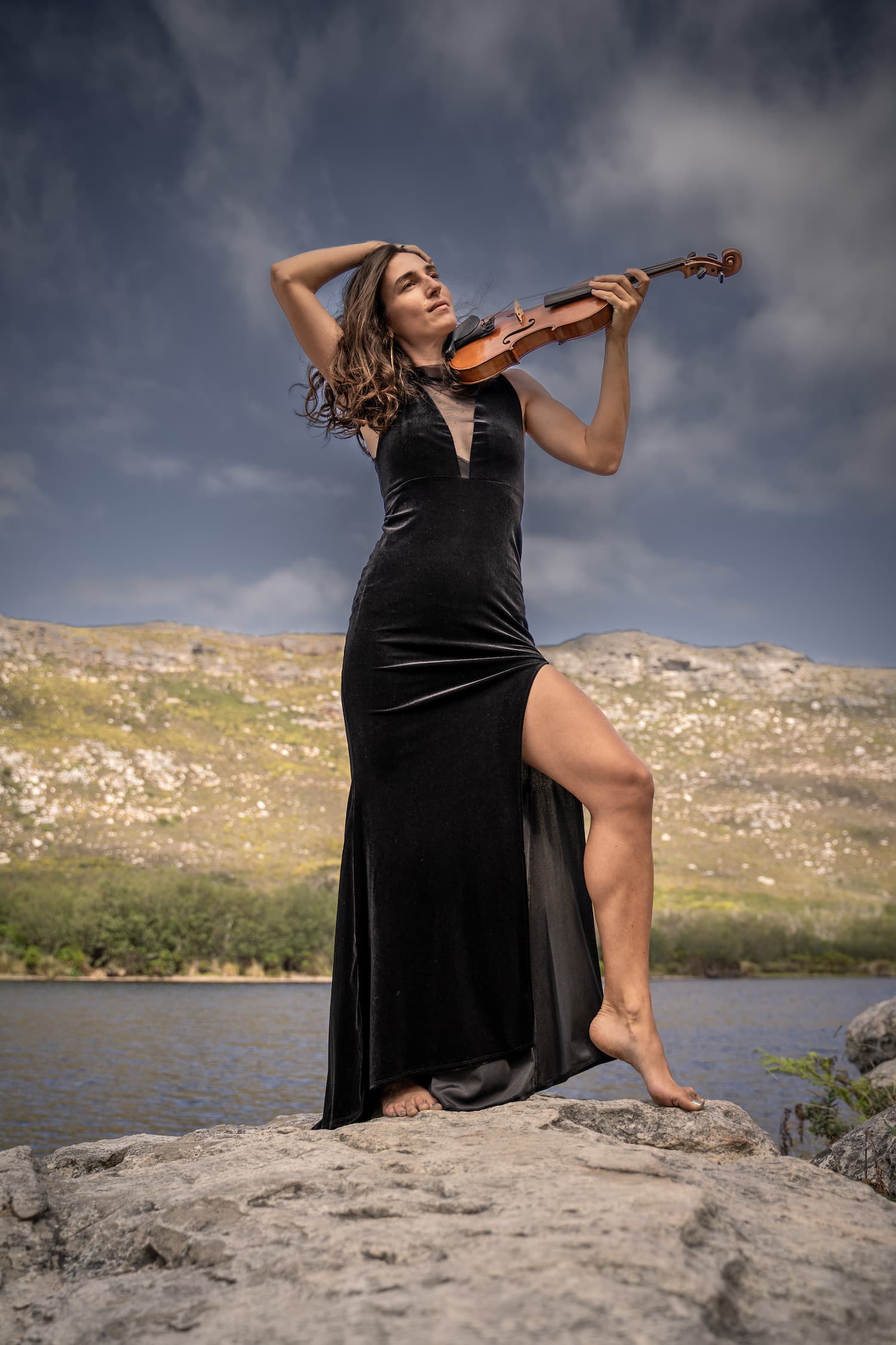 Violinist environmental portrait, lakeside, Cape Town