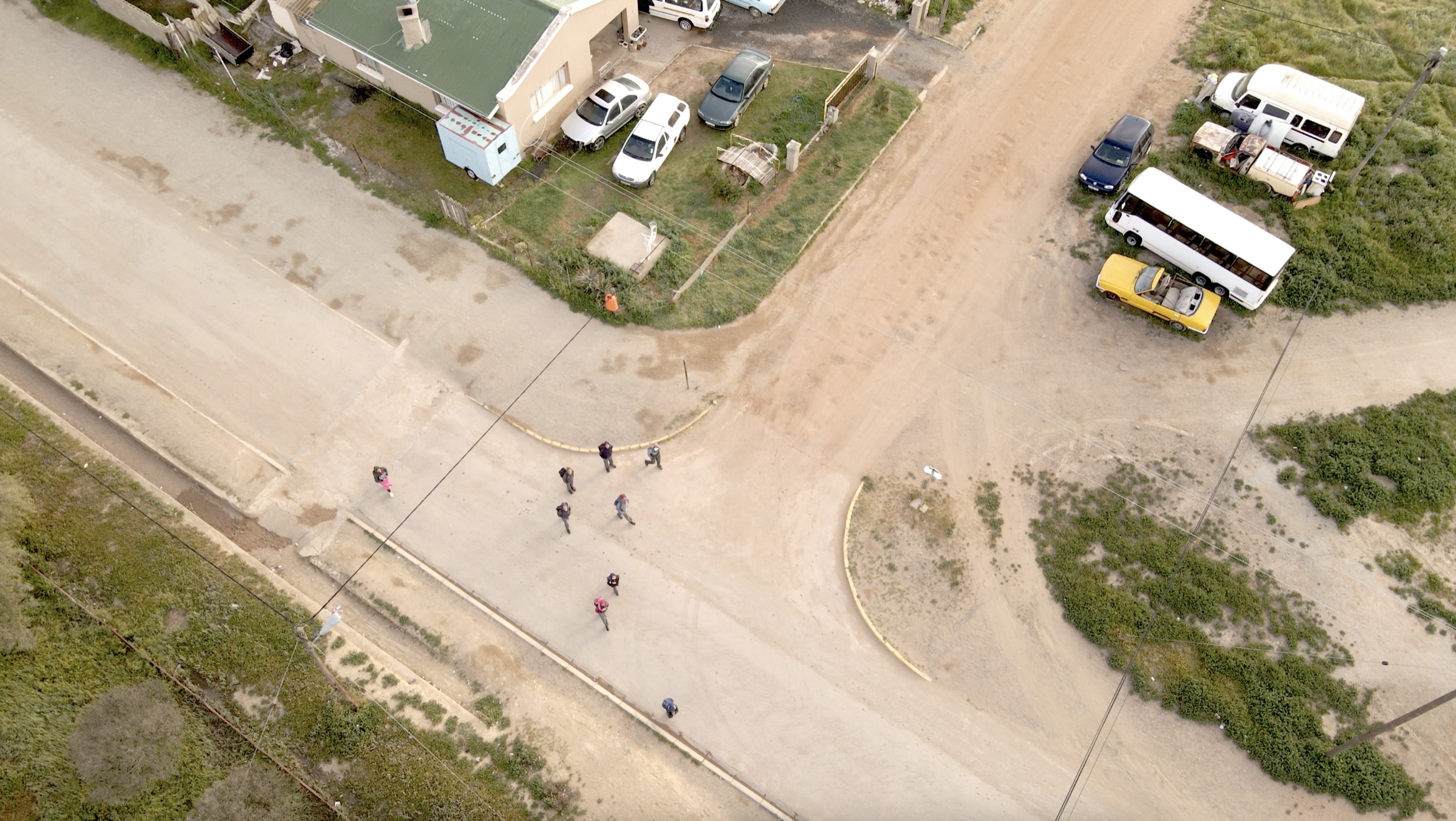 Top-down aerial drone photograph of a rural village crossroads, South Africa