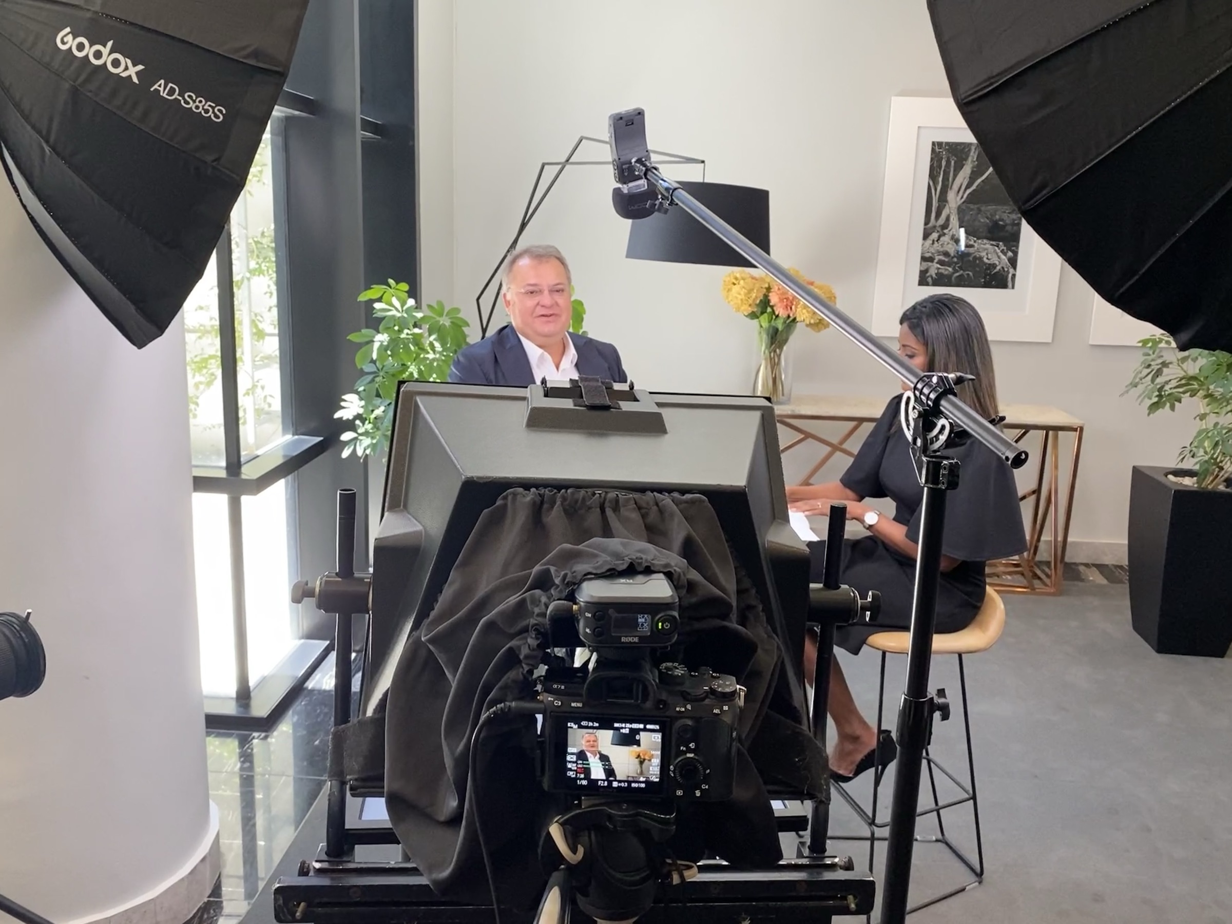 Behind the scenes, teleprompter and lighting setup for a Citadel executive interview
