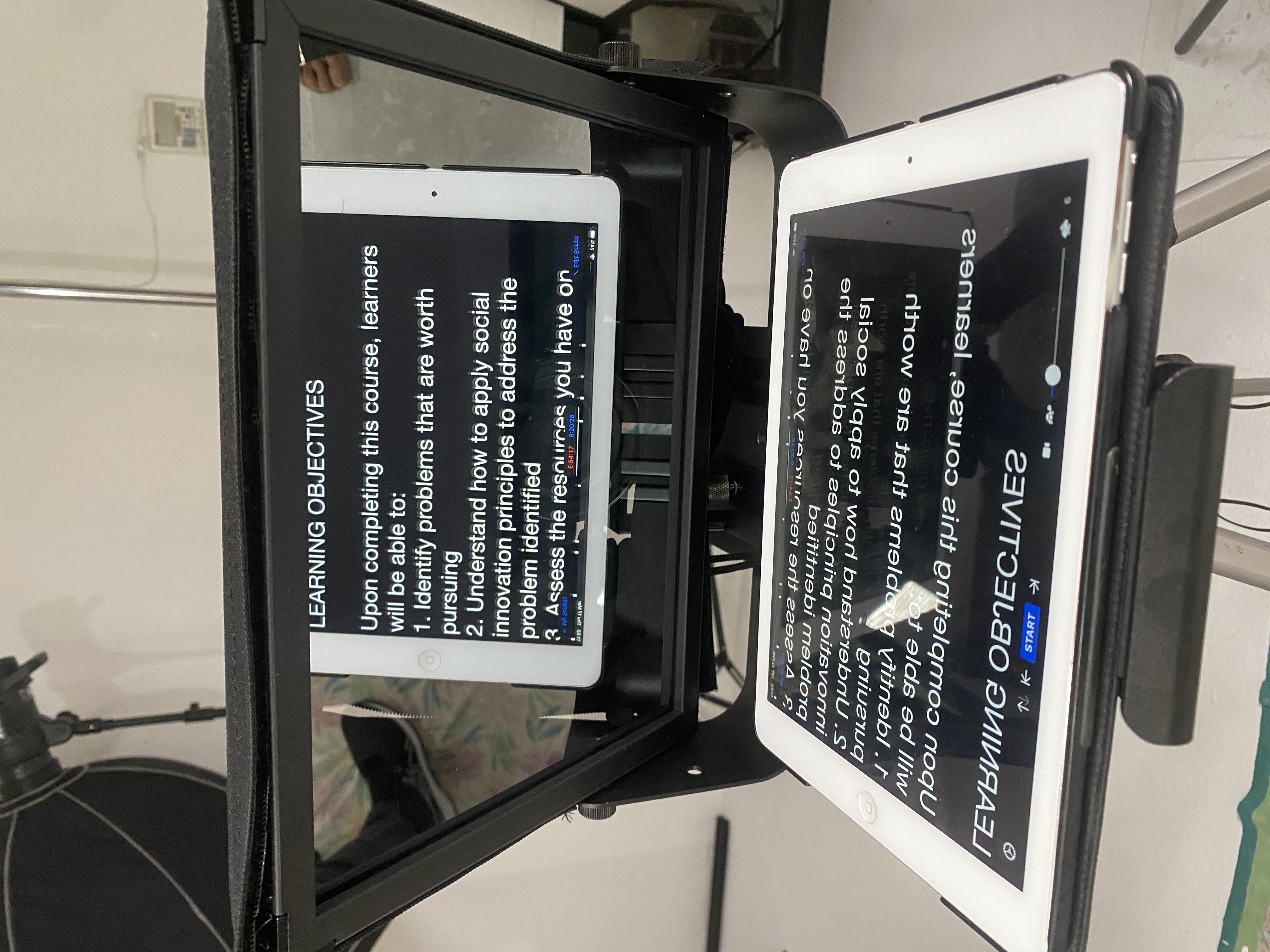 Teleprompter close-up, training video shoot