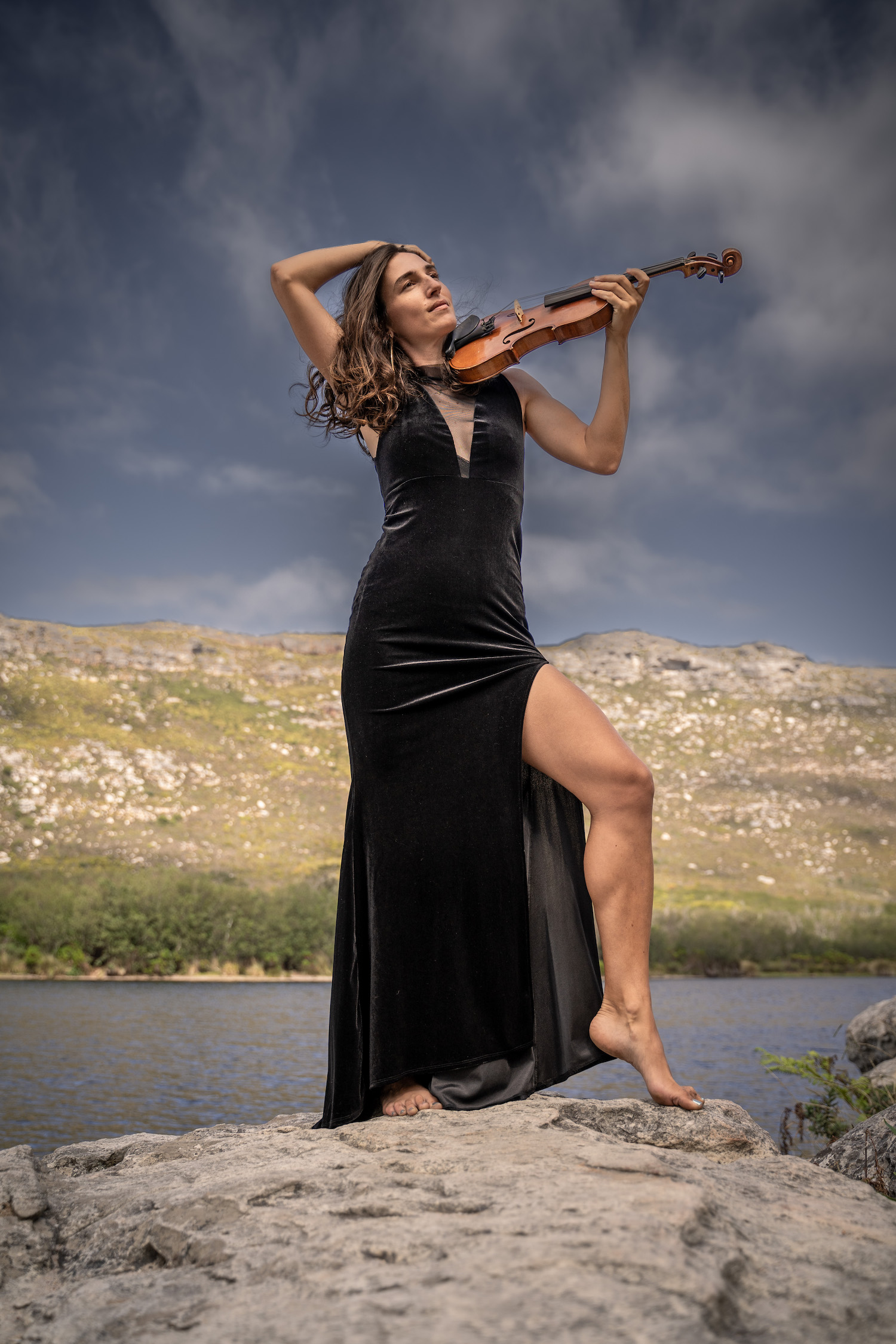 Violinist environmental portrait, lakeside, Cape Town